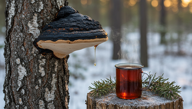A chaga mushroom on a birch tree in a snowy forest, with a steaming chaga tea mug on a stump, frost and amber liquid glowing in dawn light.