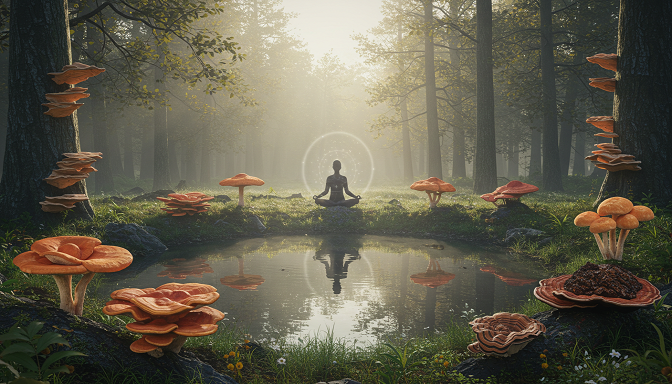 A person meditates in a forest clearing at dawn, surrounded by vibrant adaptogenic mushrooms reflecting in a pond, with misty air and soft sunlight filtering through trees.