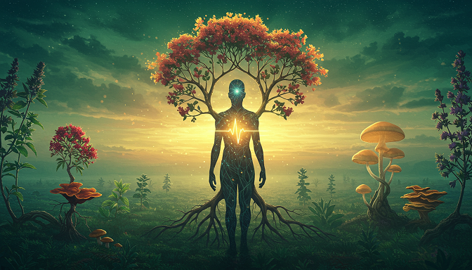 A human silhouette in a forest with glowing adaptogenic herbs and mushrooms forming a radiant heart, blending natural and cosmic elements.