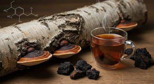 Chaga mushrooms, birch bark, and chaga tea representing natural immune support validated by science.