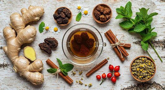 Chaga herbal tea surrounded by herbs and spices with a birch inspired backdrop.