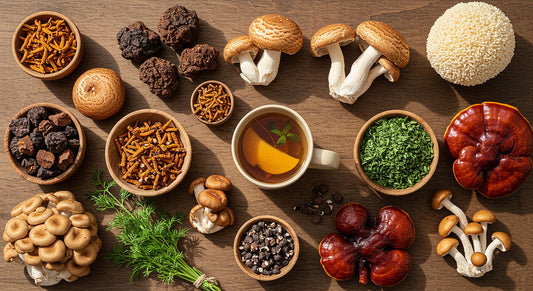 Assorted functional mushrooms with tea and herbs displayed as a natural energy-boosting wellness spread.