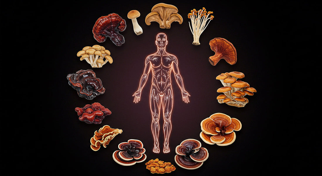 Functional mushrooms arranged around a glowing human silhouette symbolizing inflammation relief
