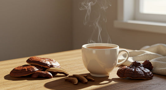 Steaming Reishi mushroom tea with fresh mushrooms on a wooden table in soft light.