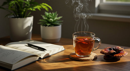 Cup of Reishi mushroom tea on table with plants and journal in soft sunlight.