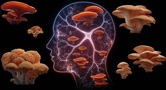 Reishi and lion’s mane mushrooms surrounding a glowing brain silhouette representing mental clarity and calm synergy.