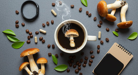 A top-down flat lay of mushroom coffee, where the steam forms a mushroom shape, surrounded by coffee beans and wellness items.
