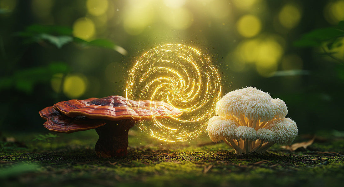Symbolic fusion of Reishi and Lion’s Mane mushrooms representing their powerful synergy for mind, body, and wellness.