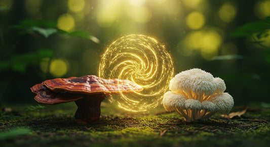 Symbolic fusion of Reishi and Lion’s Mane mushrooms representing their powerful synergy for mind, body, and wellness.