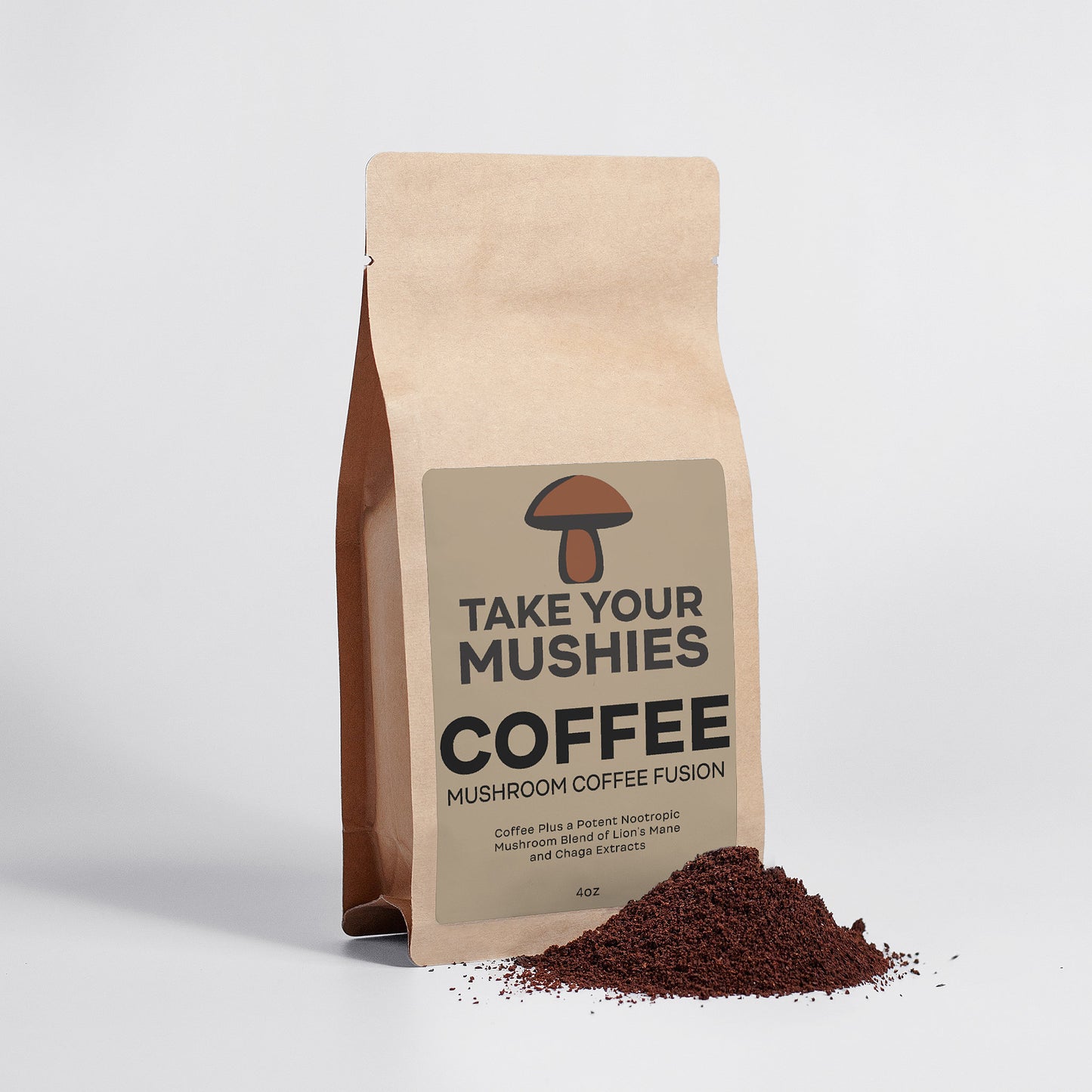 Coffee bag labeled 'Take Your Mushies Coffee' with mushroom graphic on a light gray background
