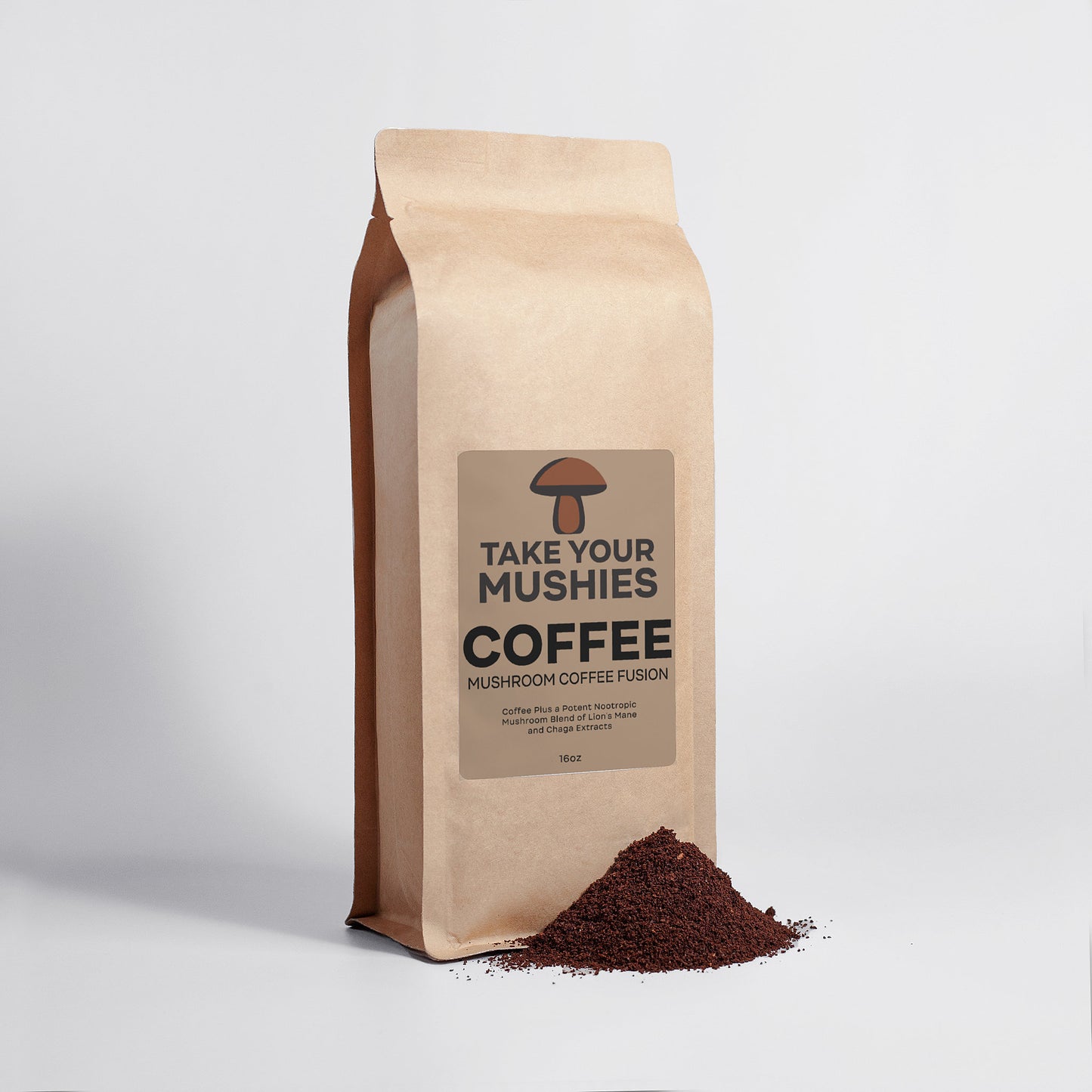 Bag of 'Take Your Mushies Coffee' with coffee grounds spilling out on a light gray background