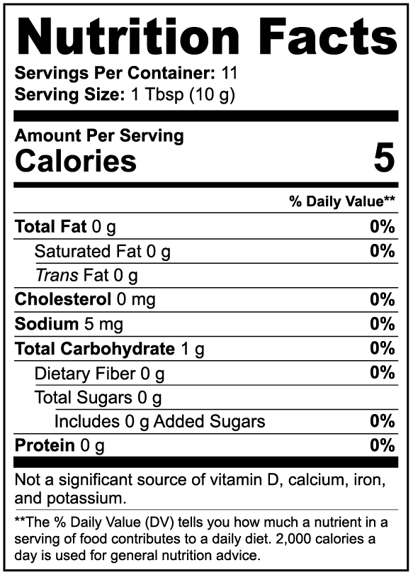 Nutrition facts label for a product with 5 calories per serving. Takeyourmushies coffee