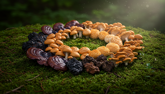 A spiral of Reishi, Lion’s Mane, Chaga, and Cordyceps mushrooms on a mossy forest floor, glowing softly to symbolize healing.