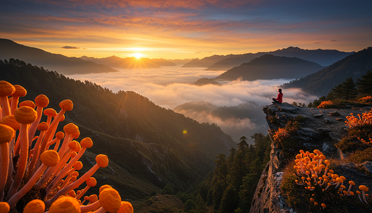 Aerial view of a Himalayan valley at sunrise with orange Cordyceps mushrooms and a person meditating, symbolizing energy and balance.