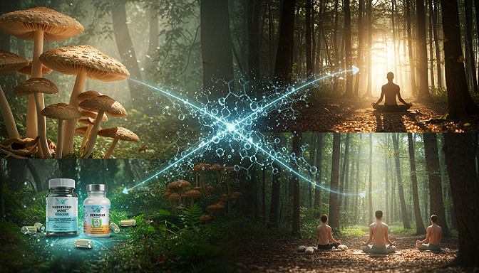 A composite of a forest with giant mushrooms, a lab with glowing supplement vials, and a wellness retreat with meditators, linked by streams of beta-glucan molecules.