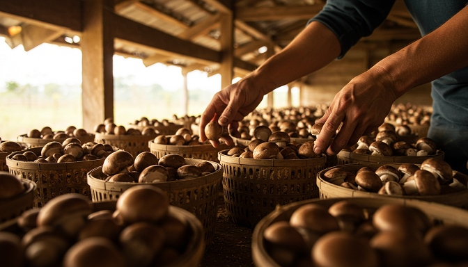 Farmer’s hands harvesting organic mushrooms in a barn, with mushrooms in compostable baskets under soft morning light.