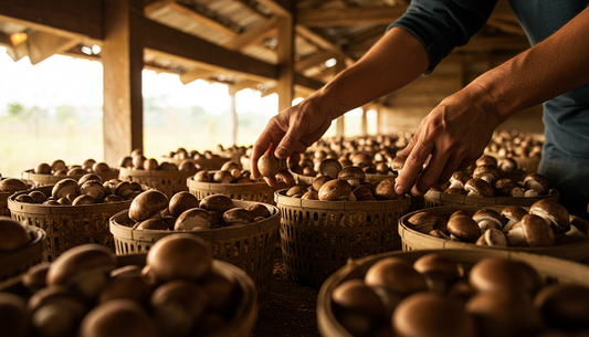 Farmer’s hands harvesting organic mushrooms in a barn, with mushrooms in compostable baskets under soft morning light.