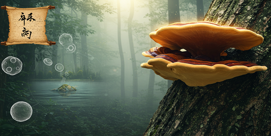A glowing Reishi mushroom on an ancient tree in a misty forest, surrounded by symbols of immunity, tranquility, and vitality, with ancient scrolls and scientific charts in the background.