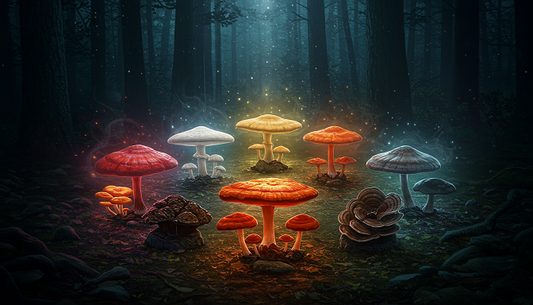 A forest altar with glowing reishi, lion’s mane, cordyceps, chaga, and turkey tail mushrooms in a sacred circle under starlight.