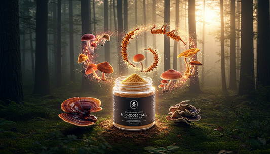 Glowing mushrooms in a forest clearing form a vortex of spores transforming into a sparkling jar of mushroom powder under a serene sunrise.