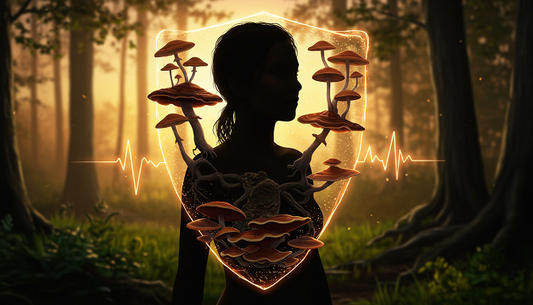 A human silhouette in a forest clearing, surrounded by a glowing immune shield of Reishi, Turkey Tail, and Cordyceps mushrooms.
