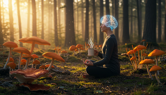 A person meditates in a forest clearing at sunrise, holding mushroom tea, surrounded by glowing reishi, lion’s mane, and cordyceps, with a brain-like aura.