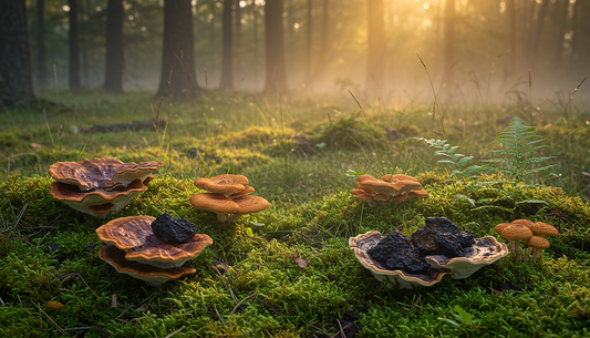 A forest glade at dawn with reishi, lion’s mane, chaga, and turkey tail mushrooms among moss and ferns, glowing in soft golden light with mist.