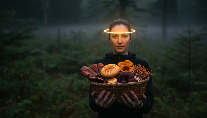 A person in a misty forest at twilight holding a basket of Lion’s Mane, Reishi, and Cordyceps mushrooms, with a soft glow around their head symbolizing cognitive clarity.
