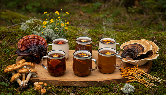 A wooden tray in a woodland setting with five mugs of mushroom tea, each surrounded by reishi, chaga, lion’s mane, cordyceps, and turkey tail, with moss and wildflowers in soft golden light.