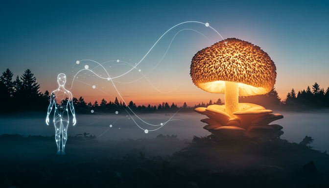 A glowing Lion’s Mane mushroom in a misty forest, with neural pathways and a radiant human silhouette, set against a twilight sky, symbolizing brain health and vitality.