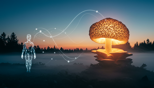A glowing Lion’s Mane mushroom in a misty forest, with neural pathways and a radiant human silhouette, set against a twilight sky, symbolizing brain health and vitality.