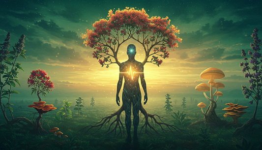 A human silhouette in a forest with glowing adaptogenic herbs and mushrooms forming a radiant heart, blending natural and cosmic elements.