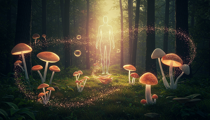 A forest clearing with glowing functional mushrooms, swirling particles of immunity and energy, and a radiant human silhouette.