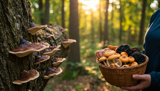 A person holds a basket of freshly harvested reishi, turkey tail, and chaga mushrooms in a sunlit forest, showcasing nature’s immune-boosting fungi