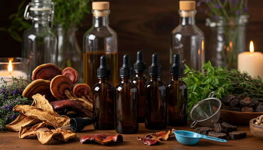A home apothecary with amber dropper bottles of mushroom tinctures, dried lion’s mane, reishi, and chaga, glass jars, a funnel, alcohol, herbs, and a candle on a wooden table.