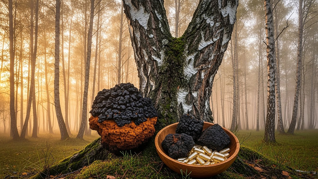 Birch forest landscape featuring chaga mushroom on tree with traditional and modern supplement forms representing ancient wisdom meeting modern science