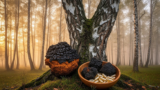 Birch forest landscape featuring chaga mushroom on tree with traditional and modern supplement forms representing ancient wisdom meeting modern science