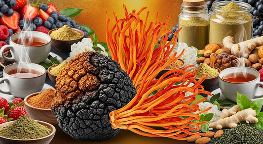 Chaga and cordyceps mushrooms showcasing holistic health benefits, energy, immunity, and adaptogenic properties