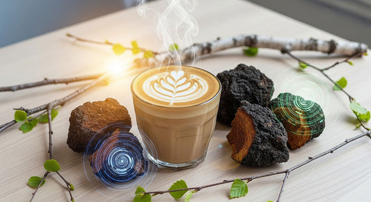 Chaga mushroom latte surrounded by natural ingredients symbolizing energy, focus, and balance