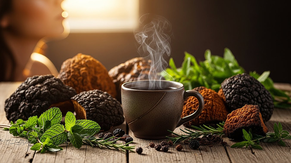 Chaga mushroom tea with mushrooms, herbs, radiant skin, and healthy hair illustrating internal beauty support