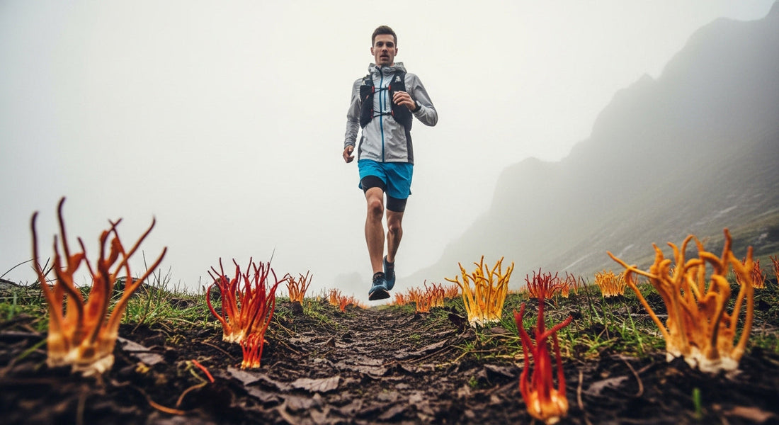 Athlete running in mountain air with cordyceps mushrooms representing energy, endurance, and natural performance enhancement