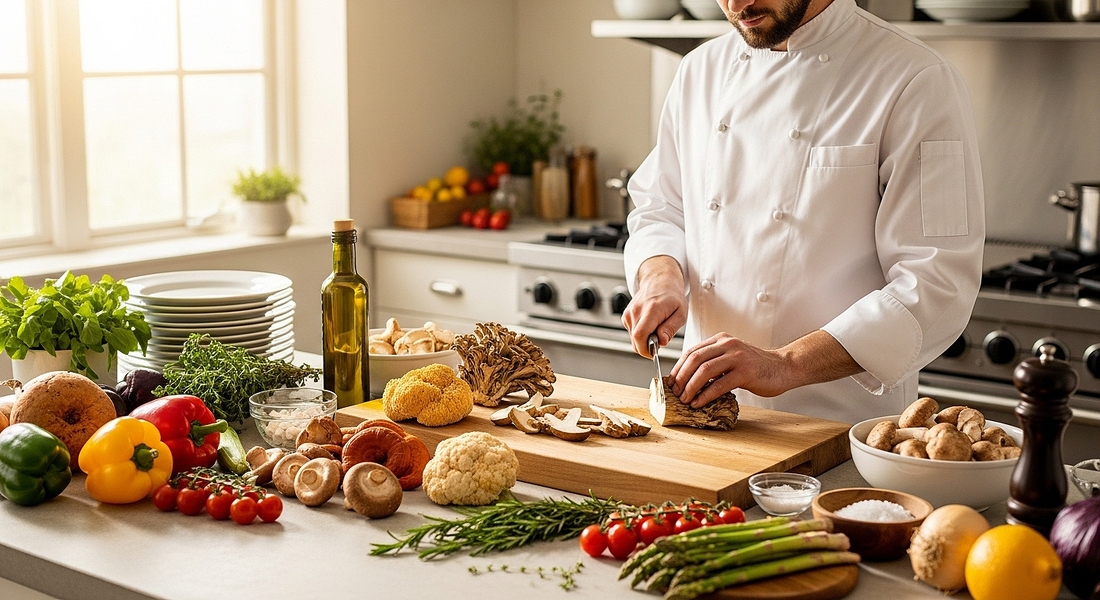 Chef preparing assorted mushrooms in a sunlit kitchen for delicious gut-healthy recipes.