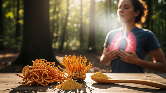 Cordyceps mushrooms and powder with person practicing deep breathing, symbolizing respiratory health and wellness