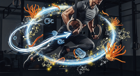 Athlete energized by Cordyceps fungi symbolizing natural recovery and endurance support.