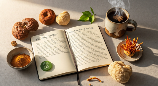 featured image showing functional mushrooms and natural energy support elements in one composition