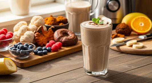 A tall glass of creamy mushroom smoothie surrounded by functional mushrooms and fresh fruit, representing immune-boosting wellness
