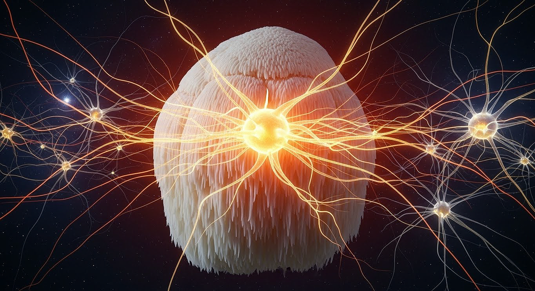 A Lion's Mane mushroom as the glowing core of a vast neural network.