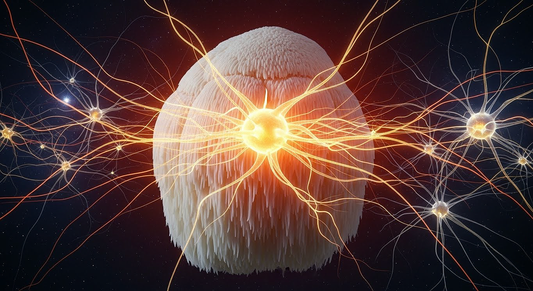 A Lion's Mane mushroom as the glowing core of a vast neural network.