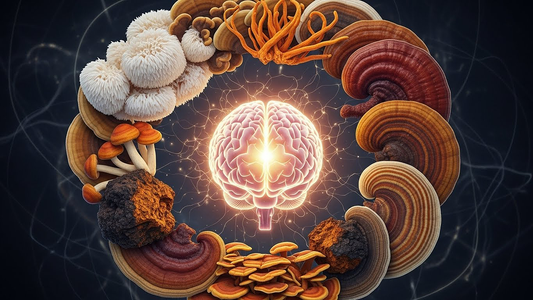 Medicinal mushrooms surrounding a glowing human brain representing cognitive balance and mental resilience