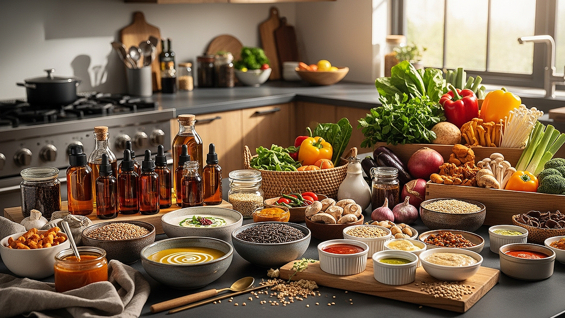 Mushroom extracts used across soups, sauces, grains, and plant based cooking